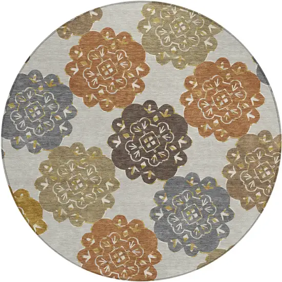 8' Taupe Orange And Ivory Round Quatrefoil Washable Indoor Outdoor Area Rug Photo 2