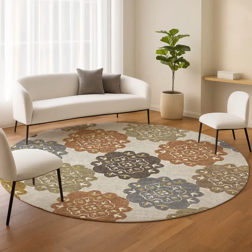 8' Taupe Orange And Ivory Round Quatrefoil Washable Indoor Outdoor Area Rug Photo 9