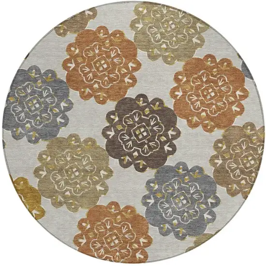 8' Taupe Orange And Ivory Round Quatrefoil Washable Indoor Outdoor Area Rug Photo 4