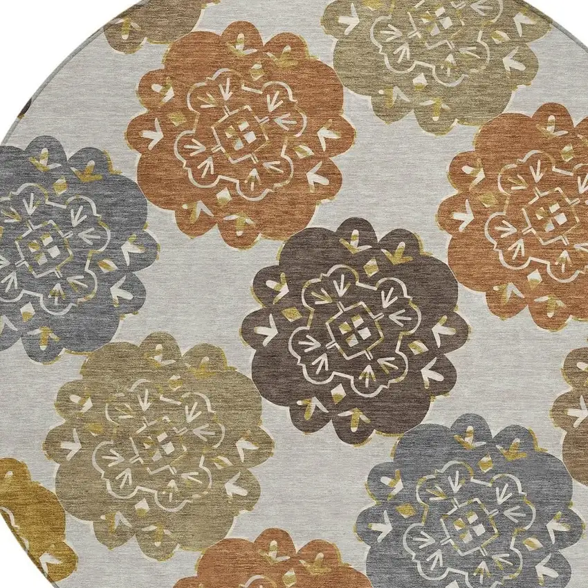 8' Taupe Orange And Ivory Round Quatrefoil Washable Indoor Outdoor Area Rug Photo 7