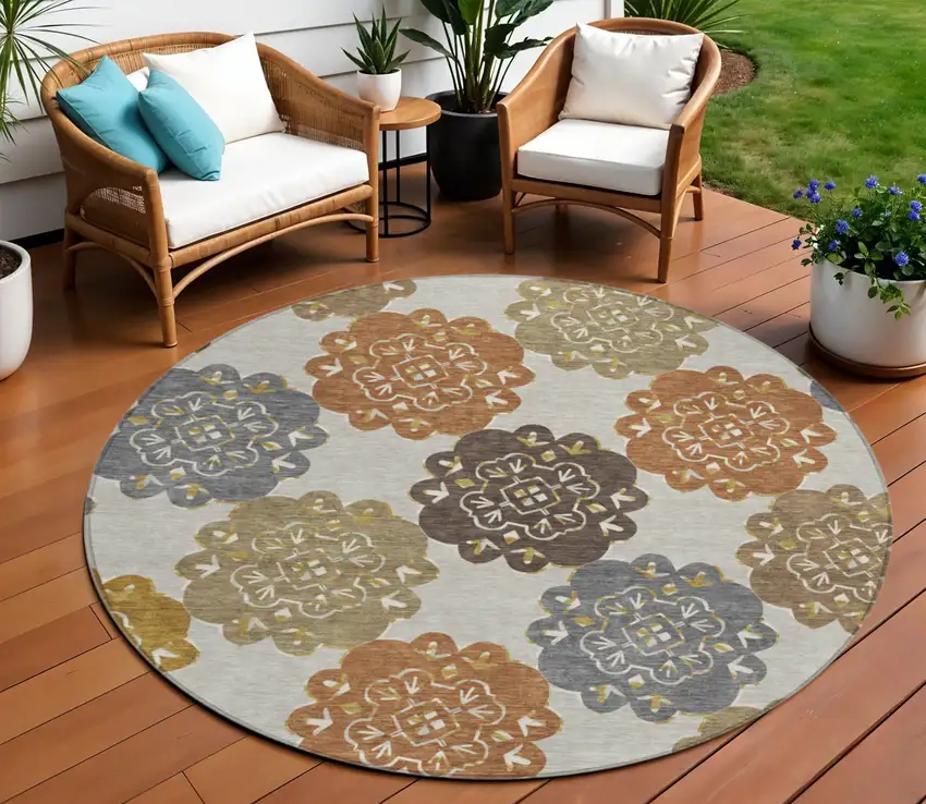 8' Taupe Orange And Ivory Round Quatrefoil Washable Indoor Outdoor Area Rug Photo 1