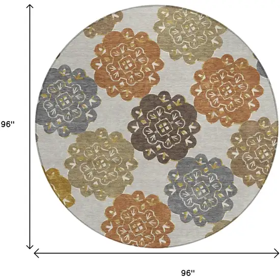 8' Taupe Orange And Ivory Round Quatrefoil Washable Indoor Outdoor Area Rug Photo 3