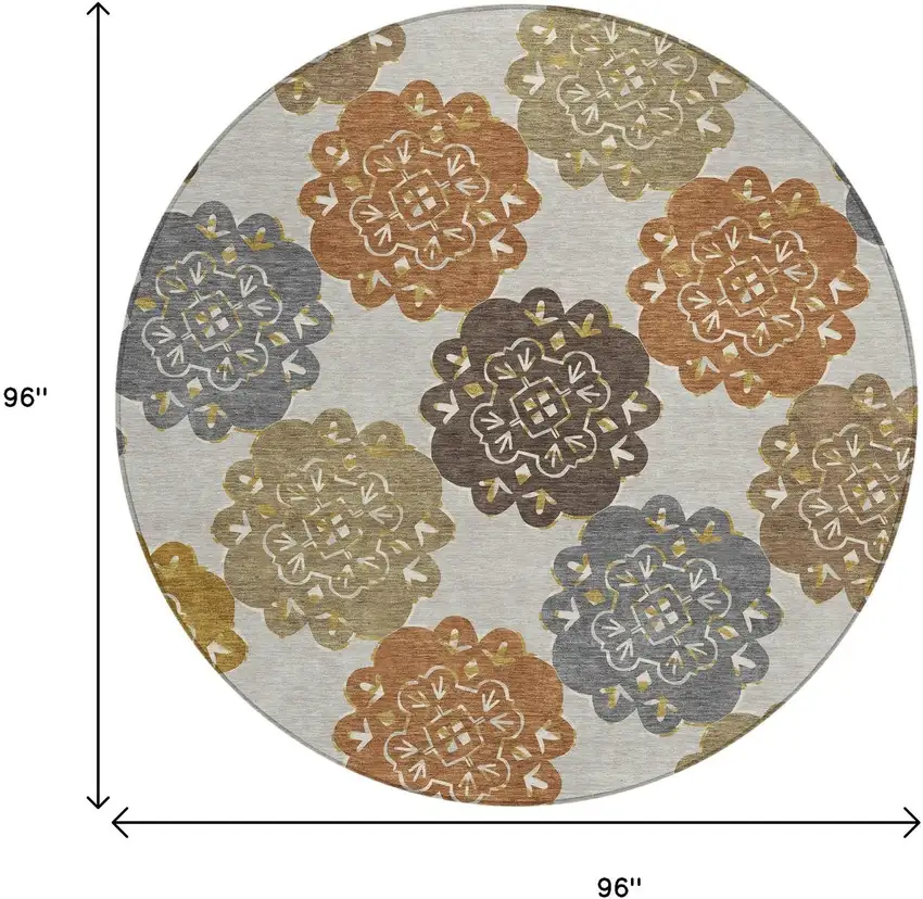 8' Taupe Orange And Ivory Round Quatrefoil Washable Indoor Outdoor Area Rug Photo 3