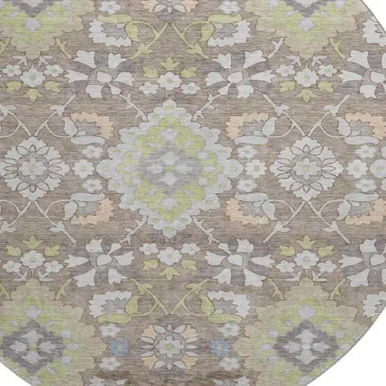 8' Taupe Peach And Artichoke Green Oriental Washable Round Rug With UV Protection Photo 2