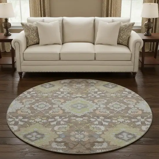 8' Taupe Peach And Artichoke Green Oriental Washable Round Rug With UV Protection Photo 2