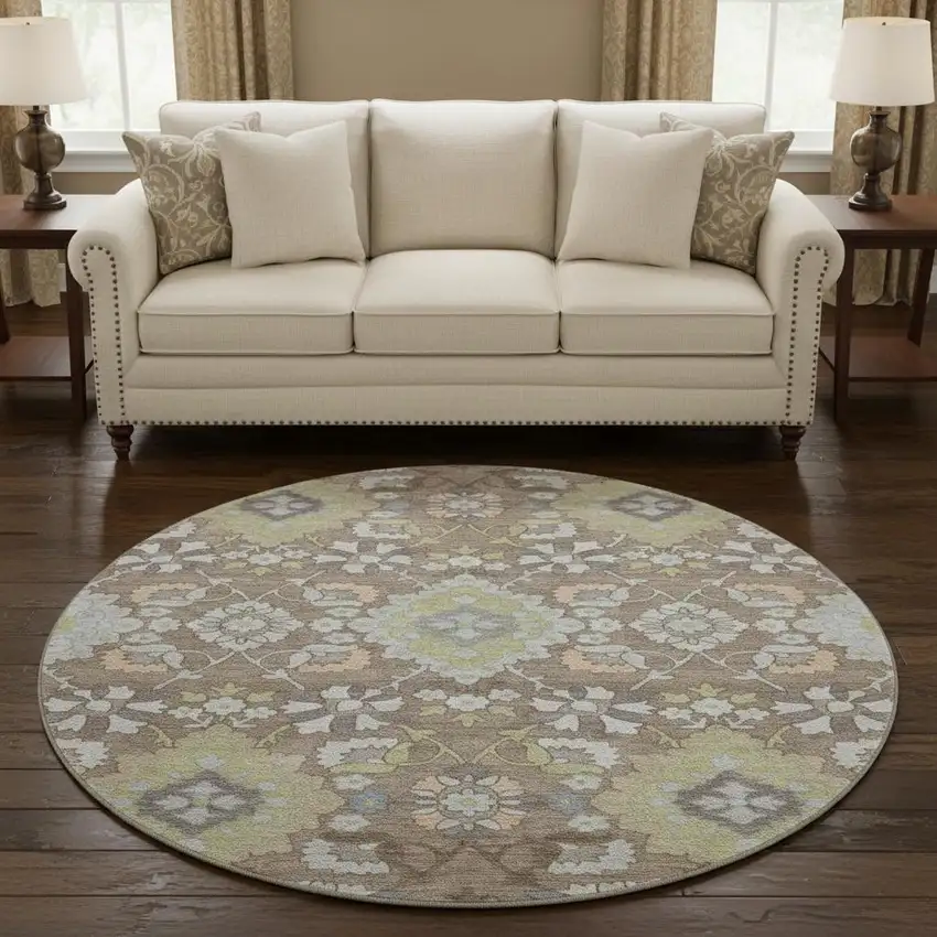 8' Taupe Peach And Artichoke Green Oriental Washable Round Rug With UV Protection Photo 2