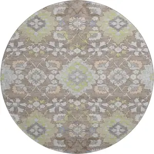 Photo of 8' Taupe Peach And Artichoke Green Oriental Washable Round Rug With UV Protection
