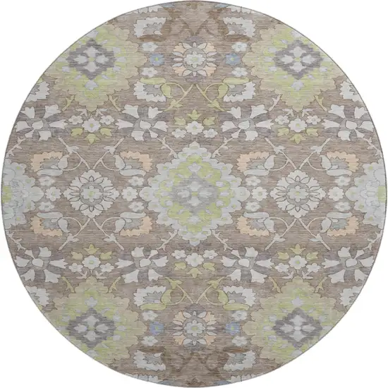 8' Taupe Peach And Artichoke Green Oriental Washable Round Rug With UV Protection Photo 1