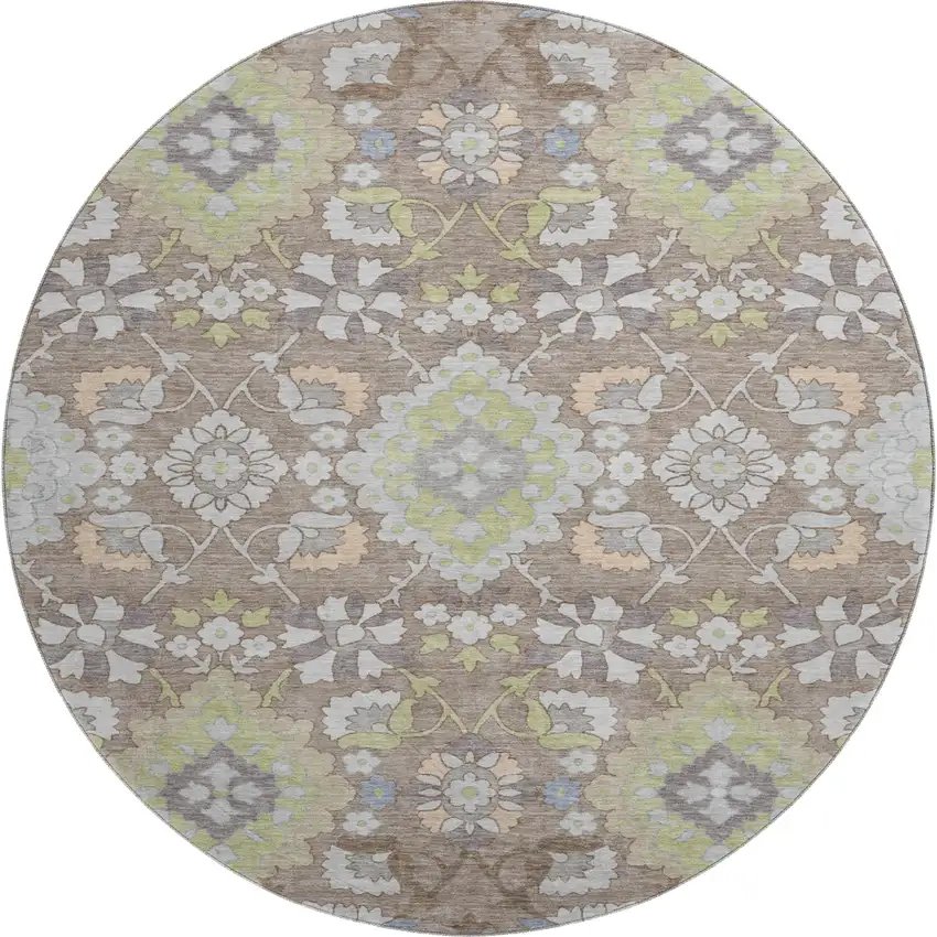 8' Taupe Peach And Artichoke Green Oriental Washable Round Rug With UV Protection Photo 1