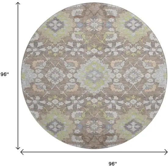 8' Taupe Peach And Artichoke Green Oriental Washable Round Rug With UV Protection Photo 9