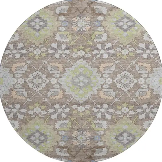 8' Taupe Peach And Artichoke Green Oriental Washable Round Rug With UV Protection Photo 3