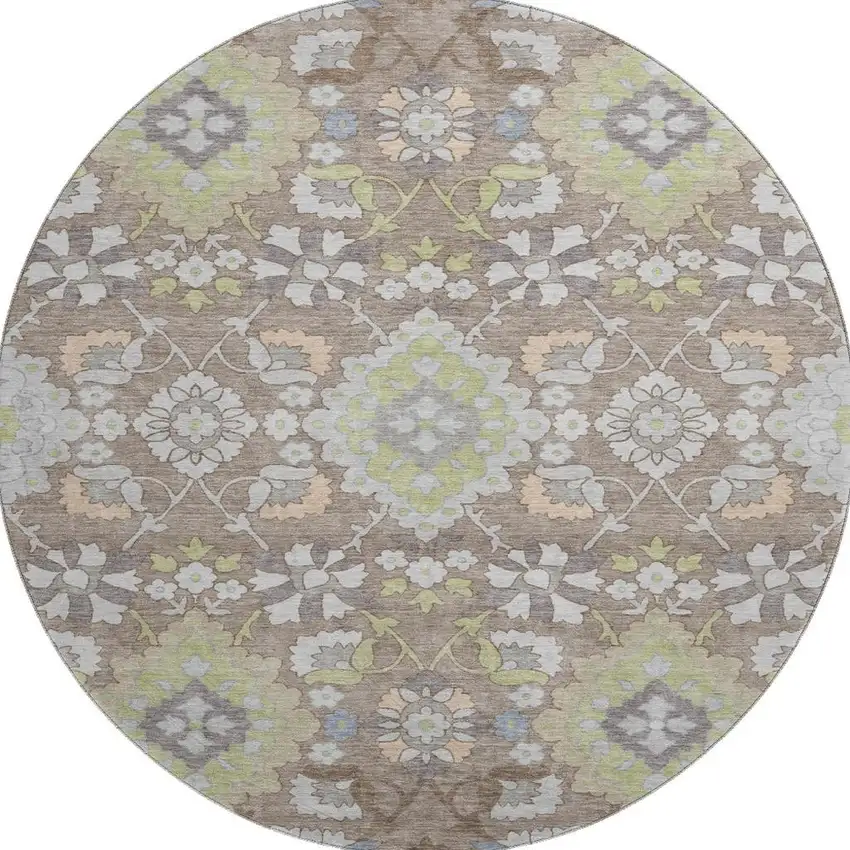 8' Taupe Peach And Artichoke Green Oriental Washable Round Rug With UV Protection Photo 3