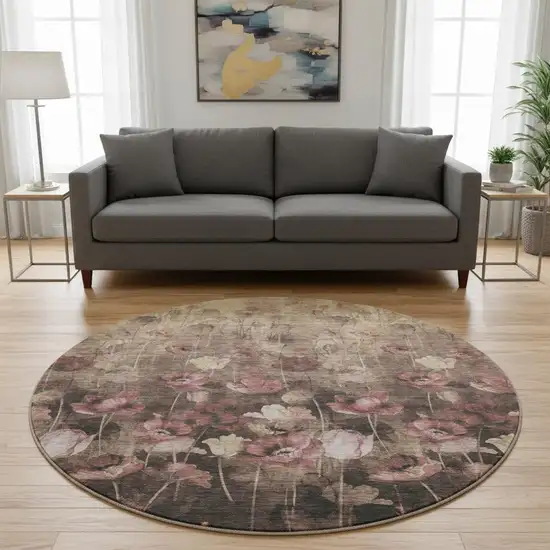 8' Taupe Pink And Beige Floral Washable Round Rug With UV Protection Photo 2