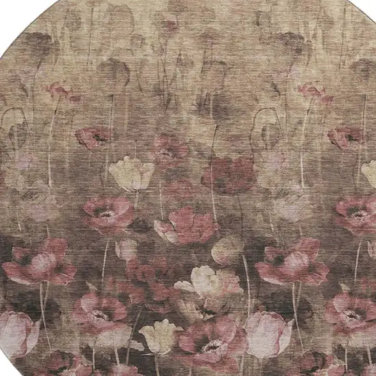8' Taupe Pink And Beige Floral Washable Round Rug With UV Protection Photo 2