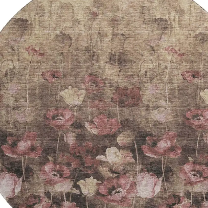 8' Taupe Pink And Beige Floral Washable Round Rug With UV Protection Photo 2