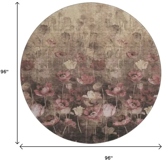 8' Taupe Pink And Beige Floral Washable Round Rug With UV Protection Photo 9