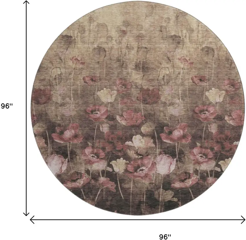 8' Taupe Pink And Beige Floral Washable Round Rug With UV Protection Photo 9