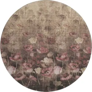 Photo of 8' Taupe Pink And Beige Floral Washable Round Rug With UV Protection