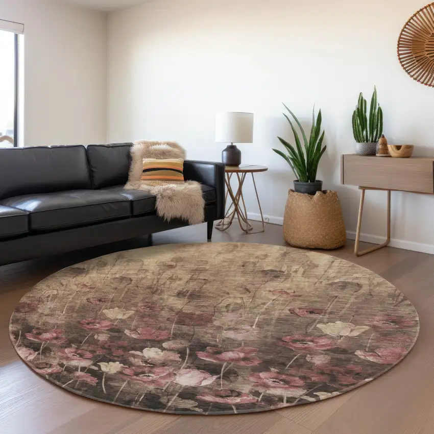 8' Taupe Pink And Beige Floral Washable Round Rug With UV Protection Photo 5