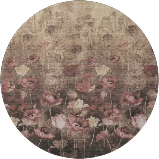 8' Taupe Pink And Beige Floral Washable Round Rug With UV Protection Photo 3