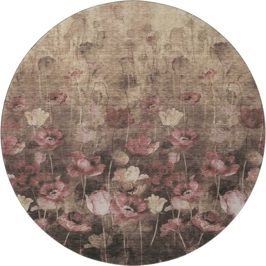 8' Taupe Pink And Beige Floral Washable Round Rug With UV Protection Photo 3