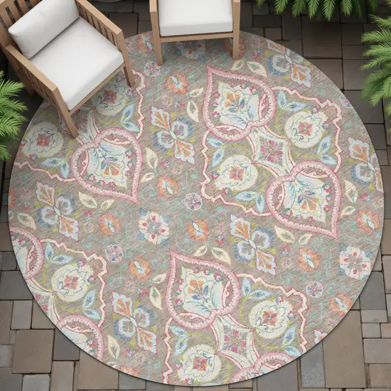 8' Taupe Pink And Orange Round Ogee Washable Indoor Outdoor Area Rug Photo 9
