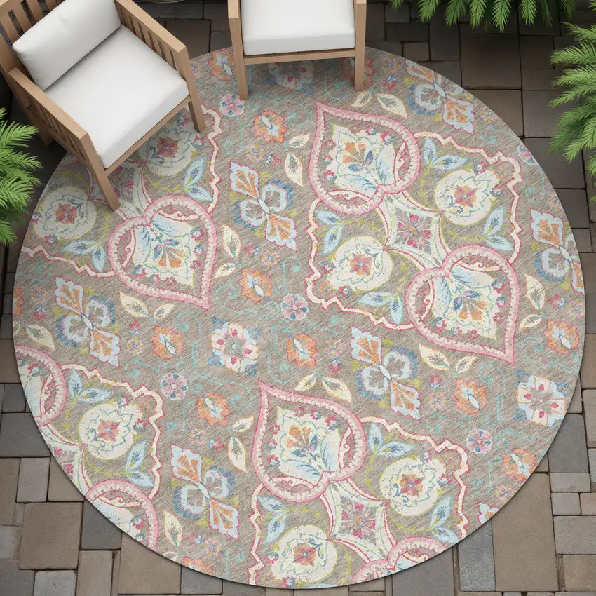 8' Taupe Pink And Orange Round Ogee Washable Indoor Outdoor Area Rug Photo 9
