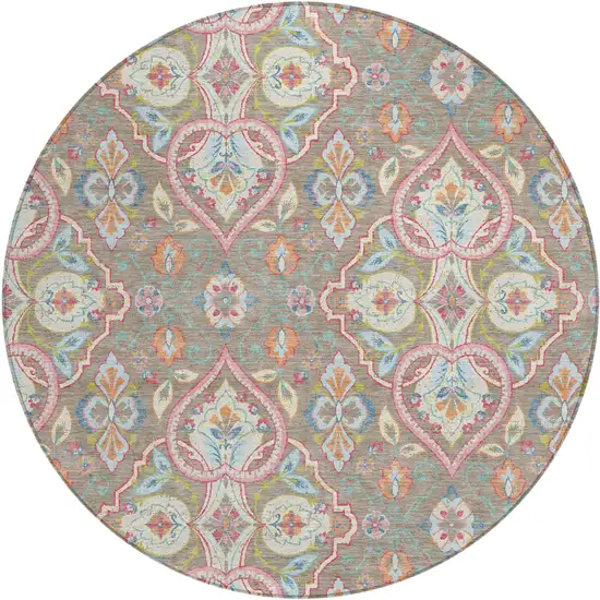 8' Taupe Pink And Orange Round Ogee Washable Indoor Outdoor Area Rug Photo 1