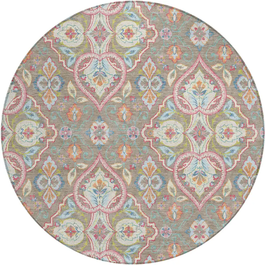 8' Taupe Pink And Orange Round Ogee Washable Indoor Outdoor Area Rug Photo 1