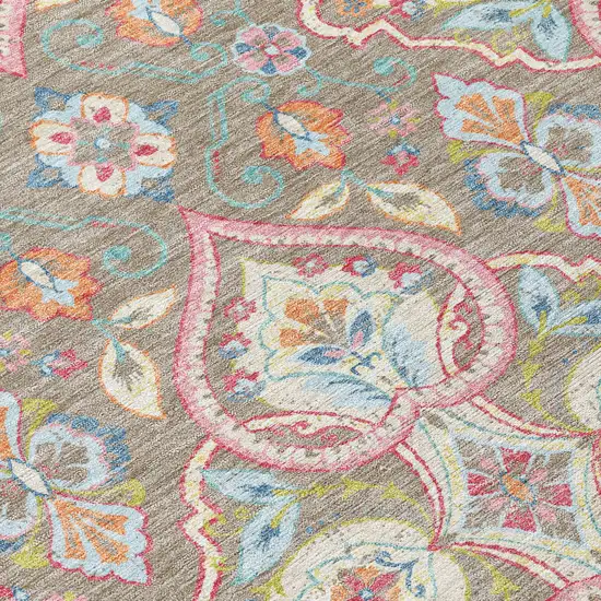 8' Taupe Pink And Orange Round Ogee Washable Indoor Outdoor Area Rug Photo 8