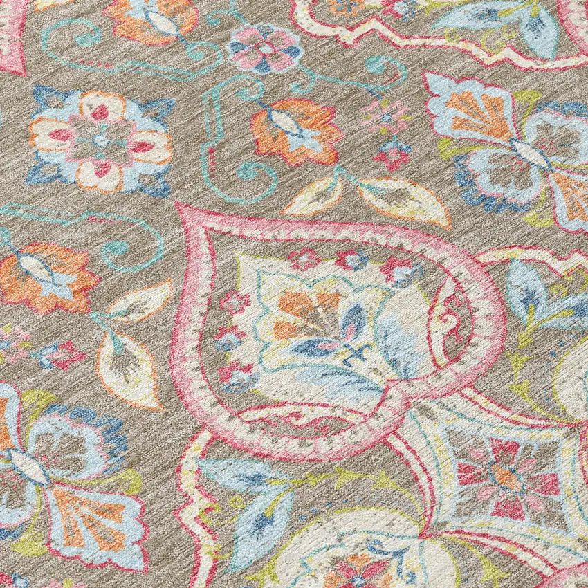 8' Taupe Pink And Orange Round Ogee Washable Indoor Outdoor Area Rug Photo 8