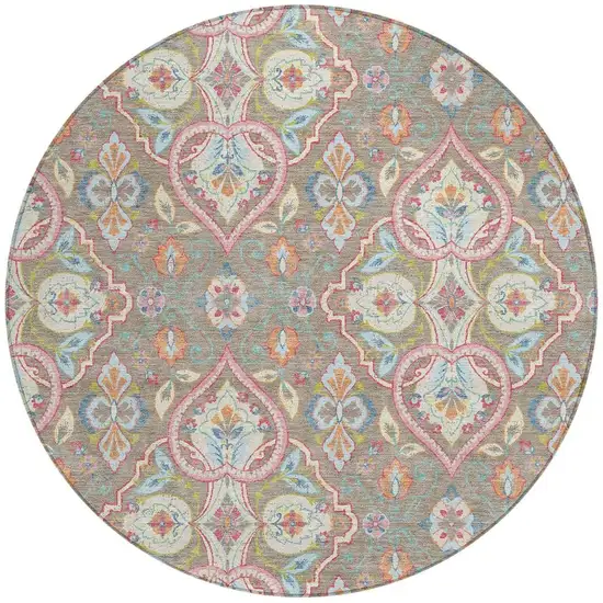 8' Taupe Pink And Orange Round Ogee Washable Indoor Outdoor Area Rug Photo 4