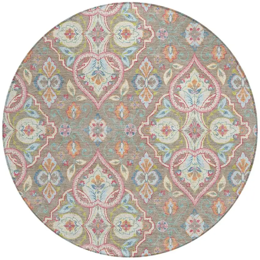 8' Taupe Pink And Orange Round Ogee Washable Indoor Outdoor Area Rug Photo 4