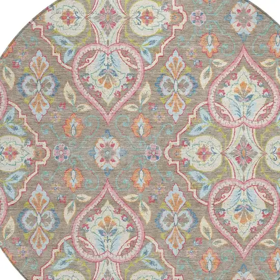 8' Taupe Pink And Orange Round Ogee Washable Indoor Outdoor Area Rug Photo 6