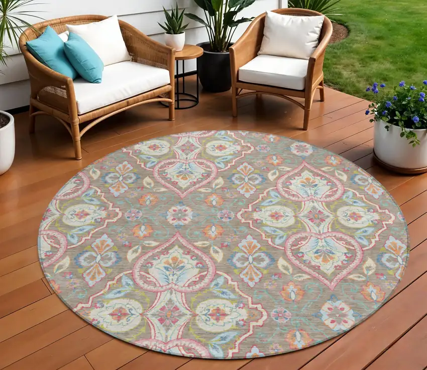 8' Taupe Pink And Orange Round Ogee Washable Indoor Outdoor Area Rug Photo 2