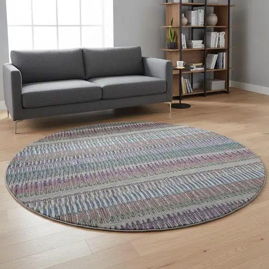 8' Taupe Purple And Blue Striped Washable Round Rug With UV Protection Photo 2