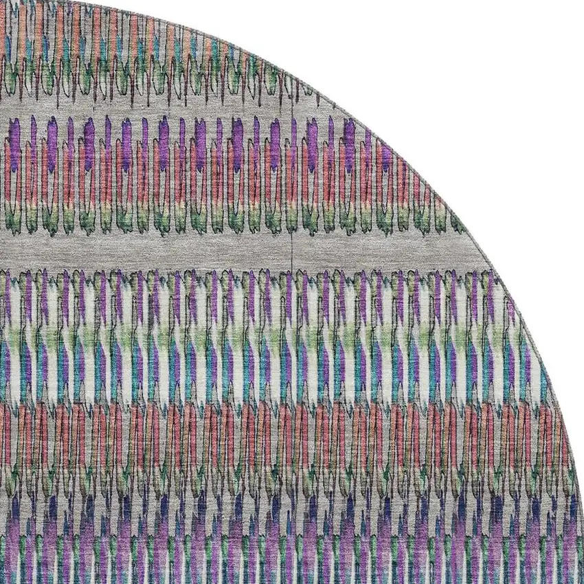 8' Taupe Purple And Blue Striped Washable Round Rug With UV Protection Photo 4