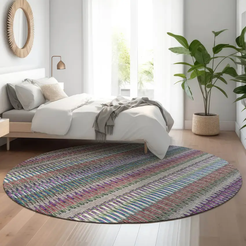 8' Taupe Purple And Blue Striped Washable Round Rug With UV Protection Photo 5