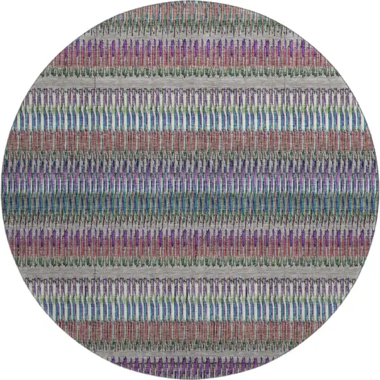 8' Taupe Purple And Blue Striped Washable Round Rug With UV Protection Photo 1