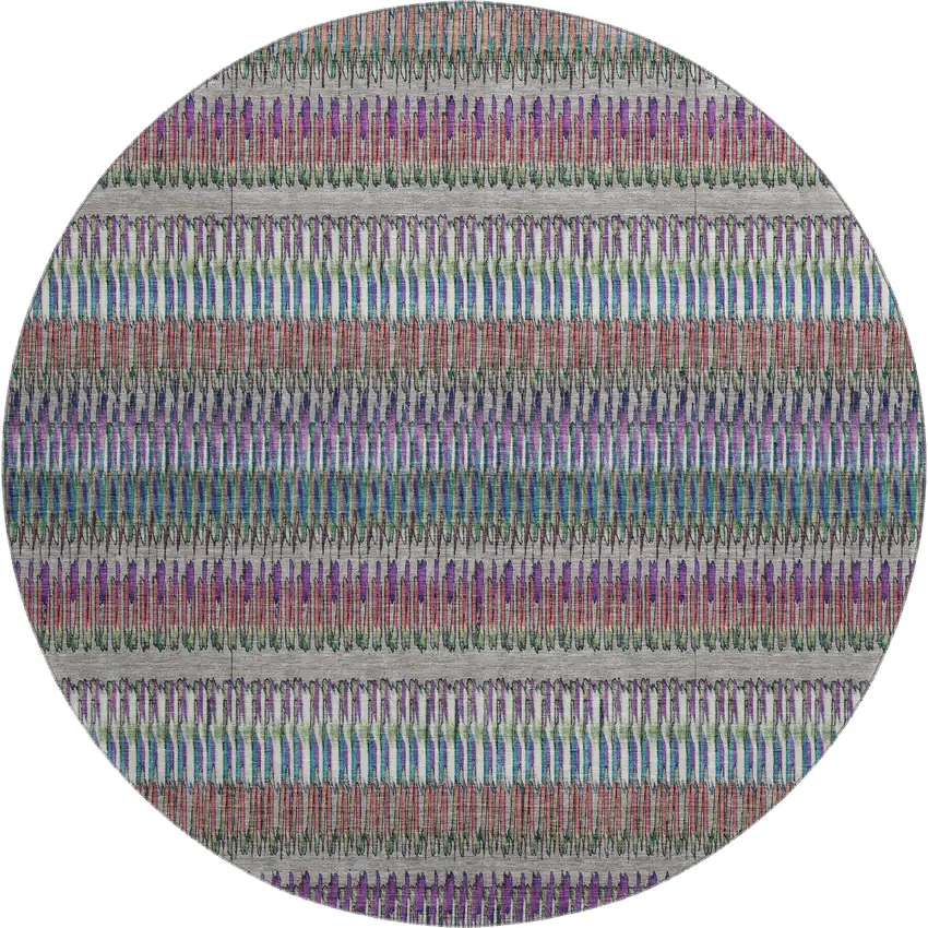 8' Taupe Purple And Blue Striped Washable Round Rug With UV Protection Photo 1