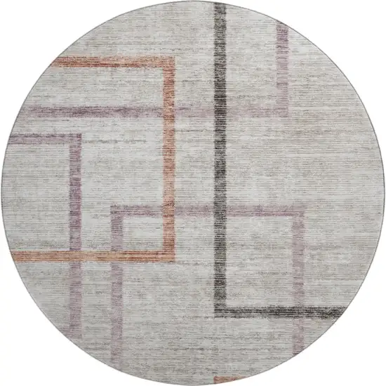 8' Taupe Purple And Copper Geometric Washable Round Rug With UV Protection Photo 1