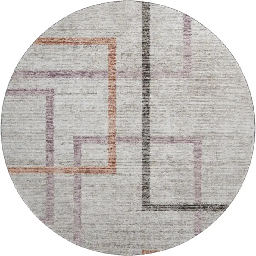 8' Taupe Purple And Copper Geometric Washable Round Rug With UV Protection Photo 1