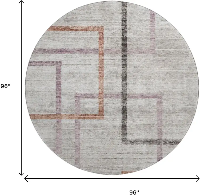 8' Taupe Purple And Copper Geometric Washable Round Rug With UV Protection Photo 3