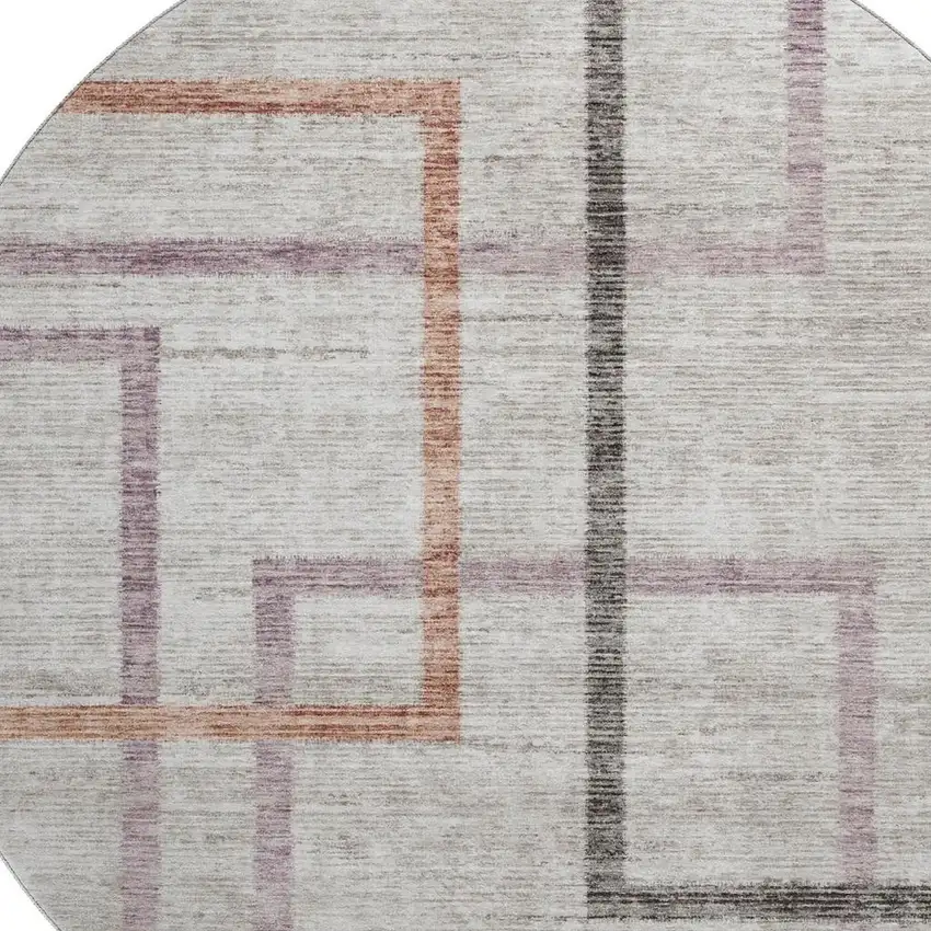 8' Taupe Purple And Copper Geometric Washable Round Rug With UV Protection Photo 3