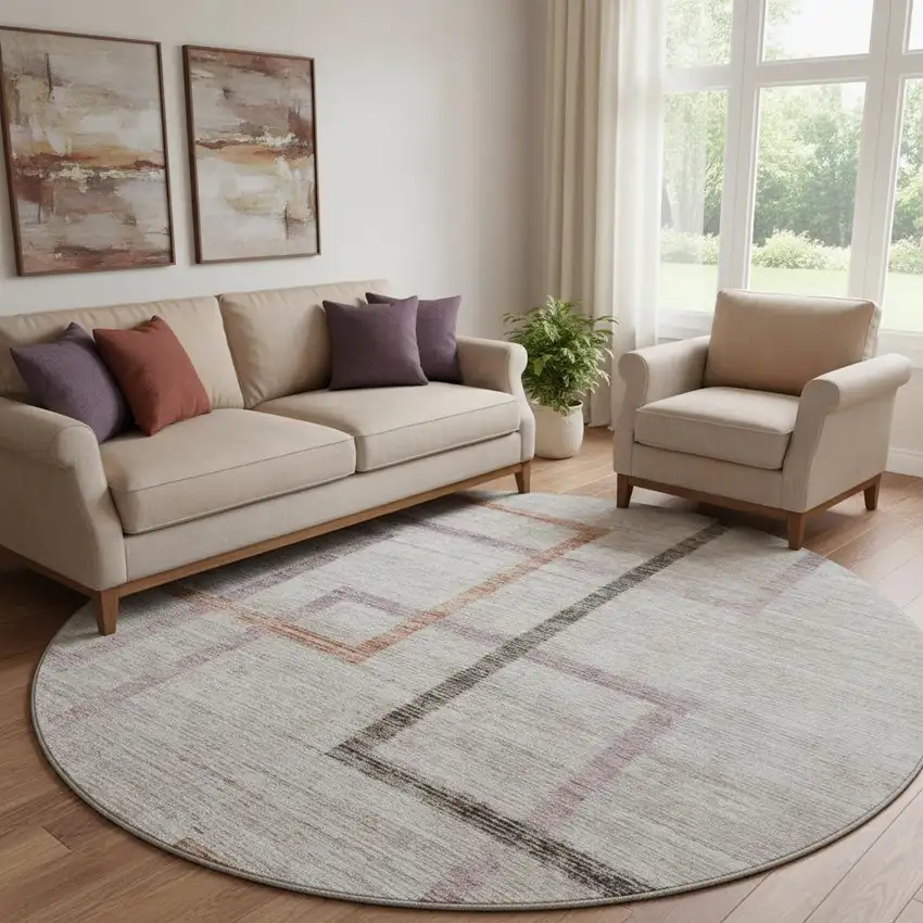 8' Taupe Purple And Copper Geometric Washable Round Rug With UV Protection Photo 1