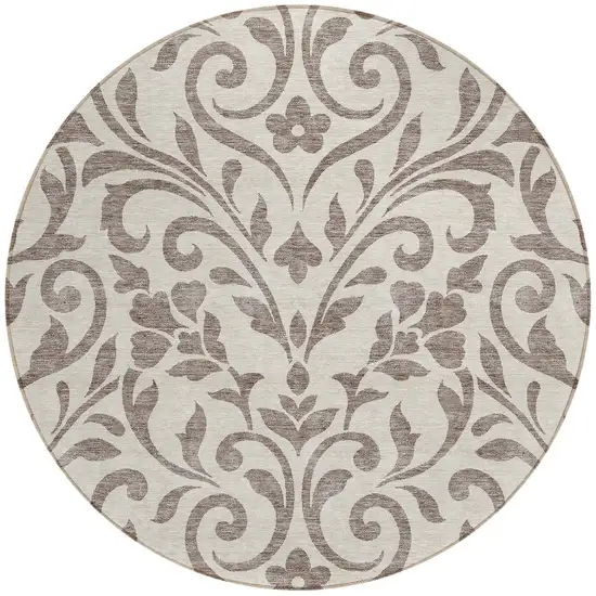 8' Taupe Round Floral Washable Indoor Outdoor Area Rug Photo 5