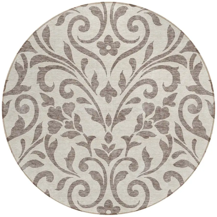 8' Taupe Round Floral Washable Indoor Outdoor Area Rug Photo 5