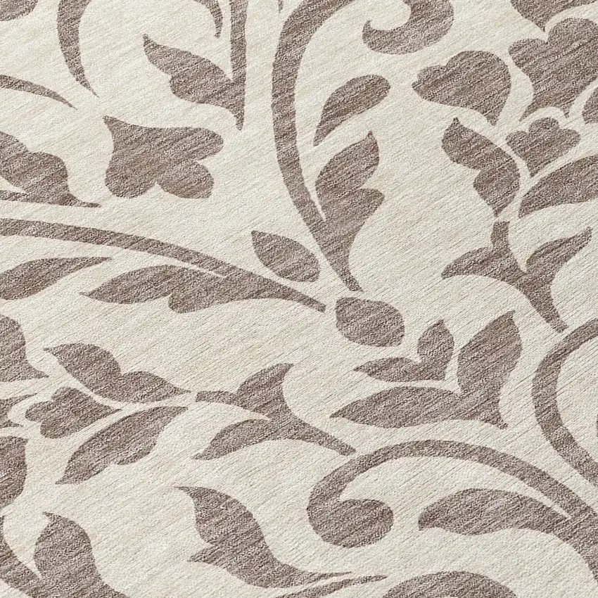 8' Taupe Round Floral Washable Indoor Outdoor Area Rug Photo 8