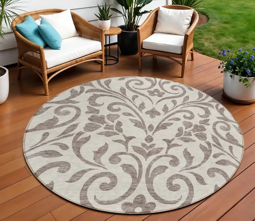 8' Taupe Round Floral Washable Indoor Outdoor Area Rug Photo 1