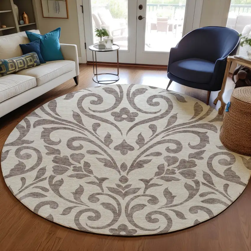 8' Taupe Round Floral Washable Indoor Outdoor Area Rug Photo 7